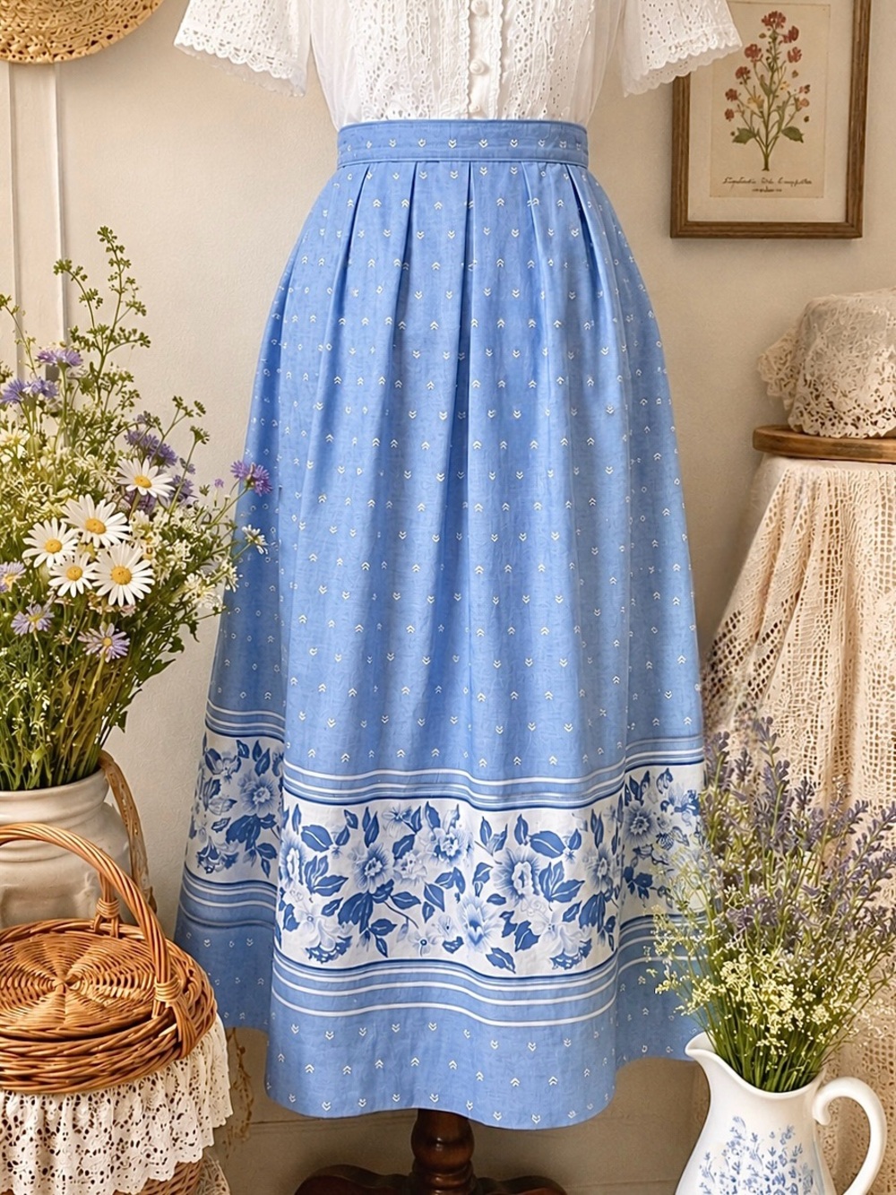 Vintage 80s Pendleton Miss Sophisticates Blue Floral Midi Skirt Cottagecore L